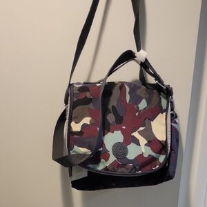 Kipling Camouflage Messenger Bag in Burgundy, Green, Black